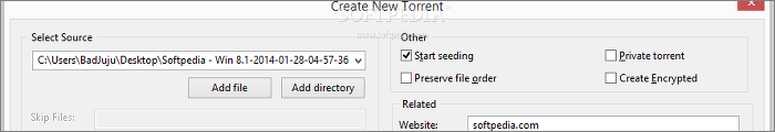 Showing the uTorrent panel when creating a new torrent